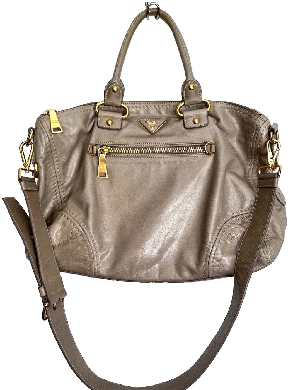 Prada Vitello Shine Gray Leather Top Handle Gold Large Satchel Crossbody Bag
